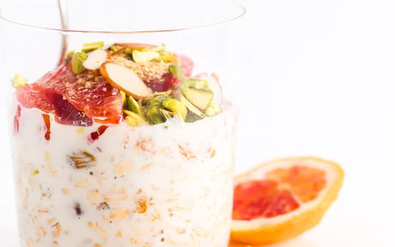 toasted muesli with milk and fruit.