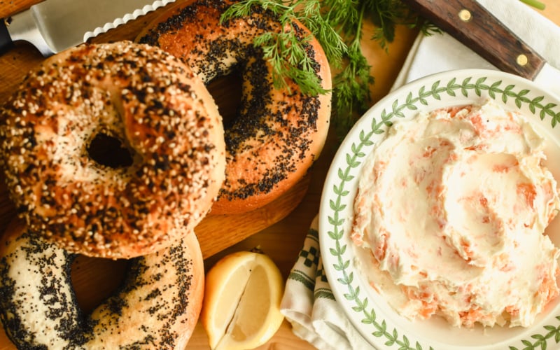 lox cream cheese in a bowl with bagels
