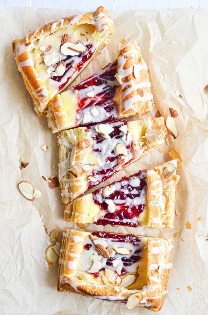 raspberry almond Danish, sliced.