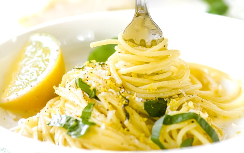 Giada's lemon spaghetti twirled on a fork