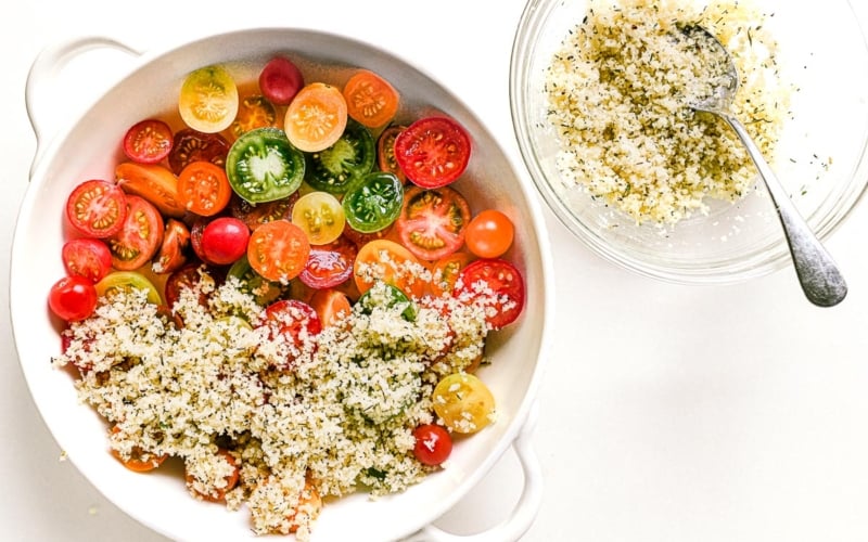 Cherry Tomatoes Provençal in a white gratin dish