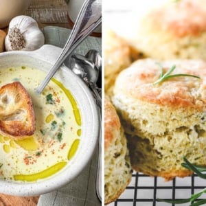 Garlic soup with rosemary biscuits.