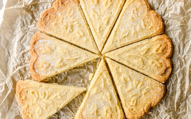 Scottish shortbread baked in a mold and sliced.