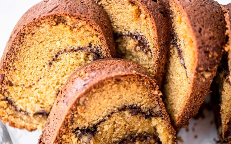 Moosewood cookbook cardamom coffeecake, sliced.