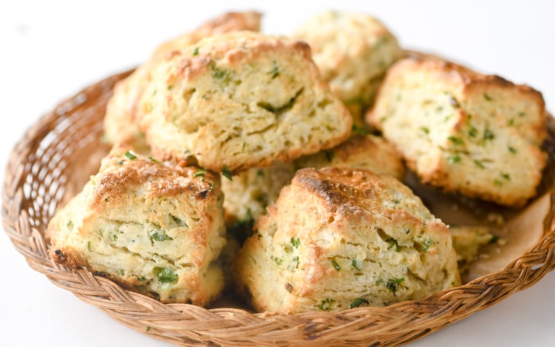 a basket sour cream and onion biscuits.