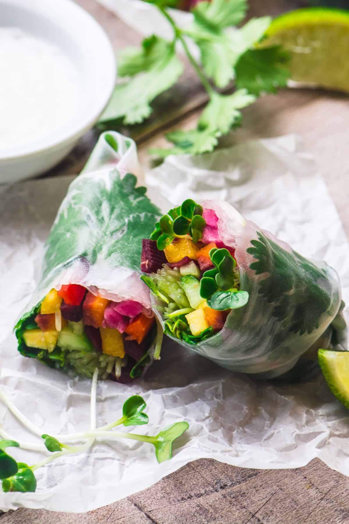 Fresh colorful summer rolls, sliced.