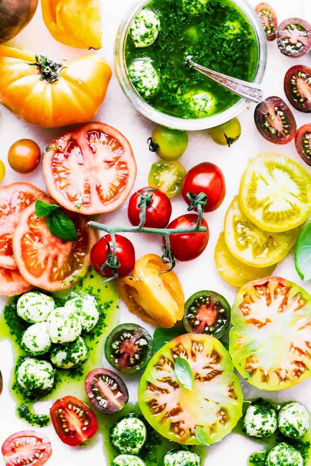 tomatoes and basil marinated mozzarella.