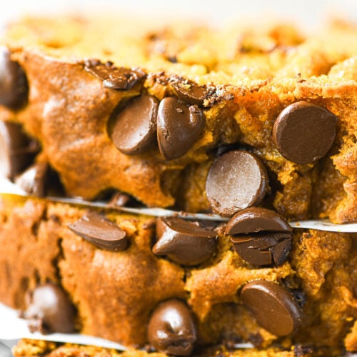 slices of chocolate chip pumpkin loaf cake, stacked.