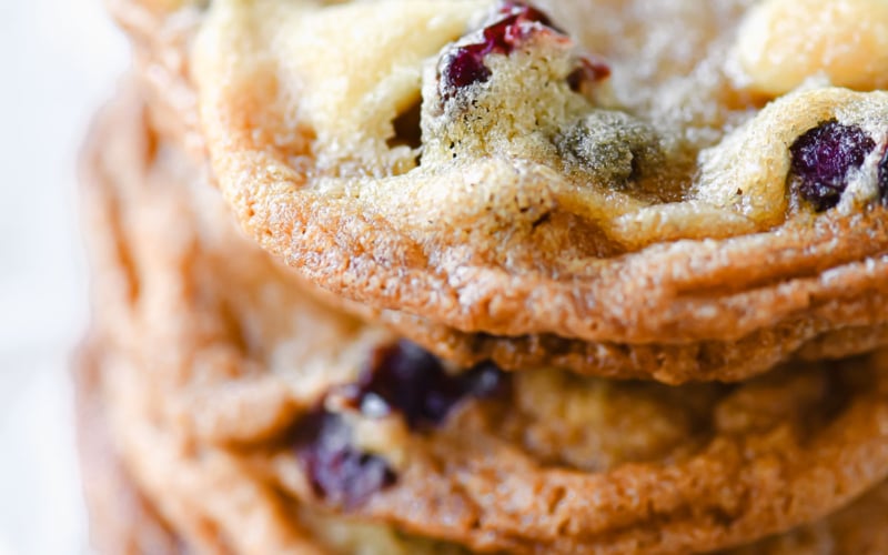 A stack of thin and crispy white chocolate cranberry cookies
