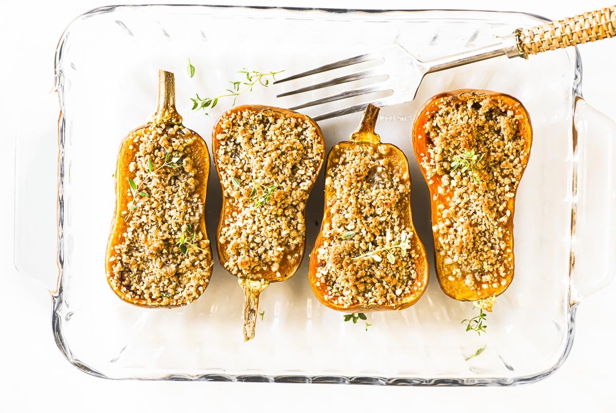 Honeynut squash with streusel topping, out of the oven.