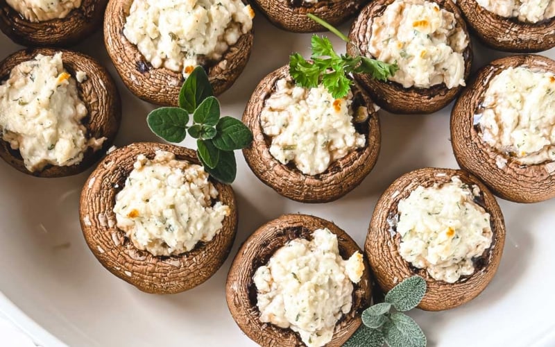 Boursin stuffed mushrooms, baked in a casserole dish.