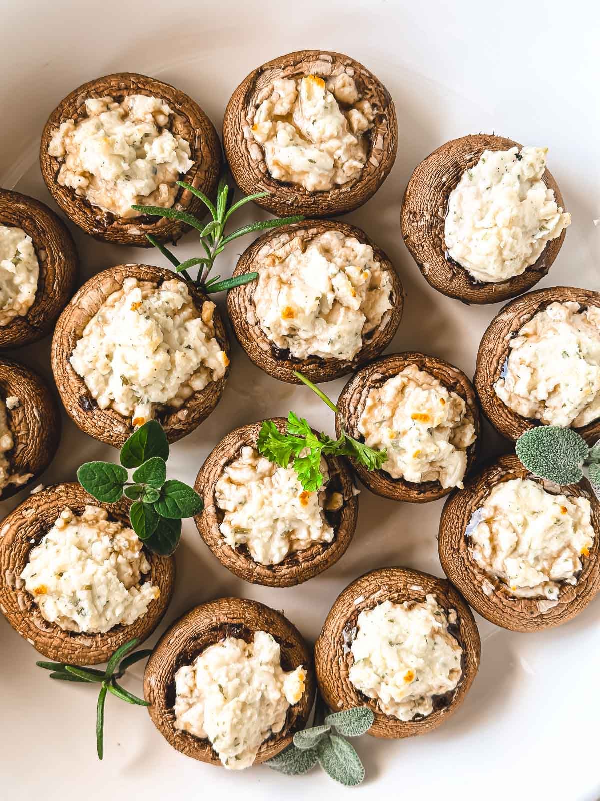 Boursin stuffed mushrooms on platter.