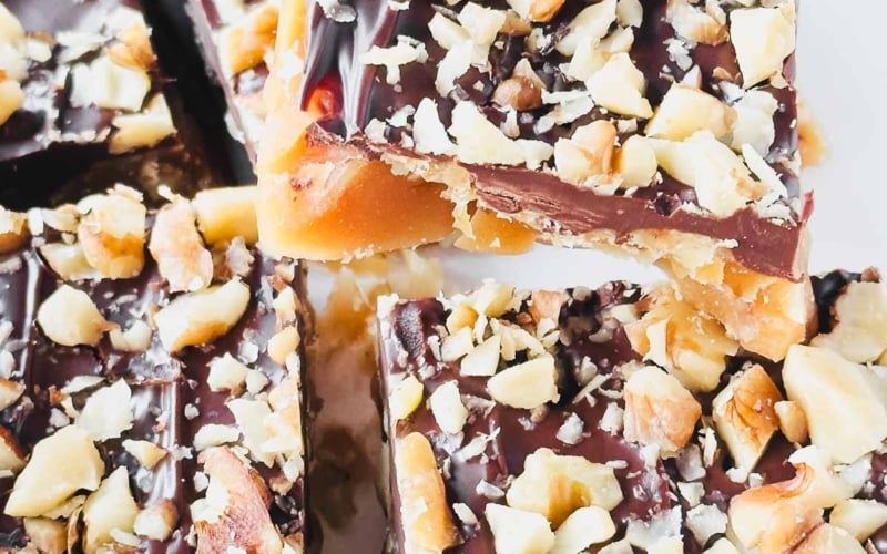 Squares of English toffee.