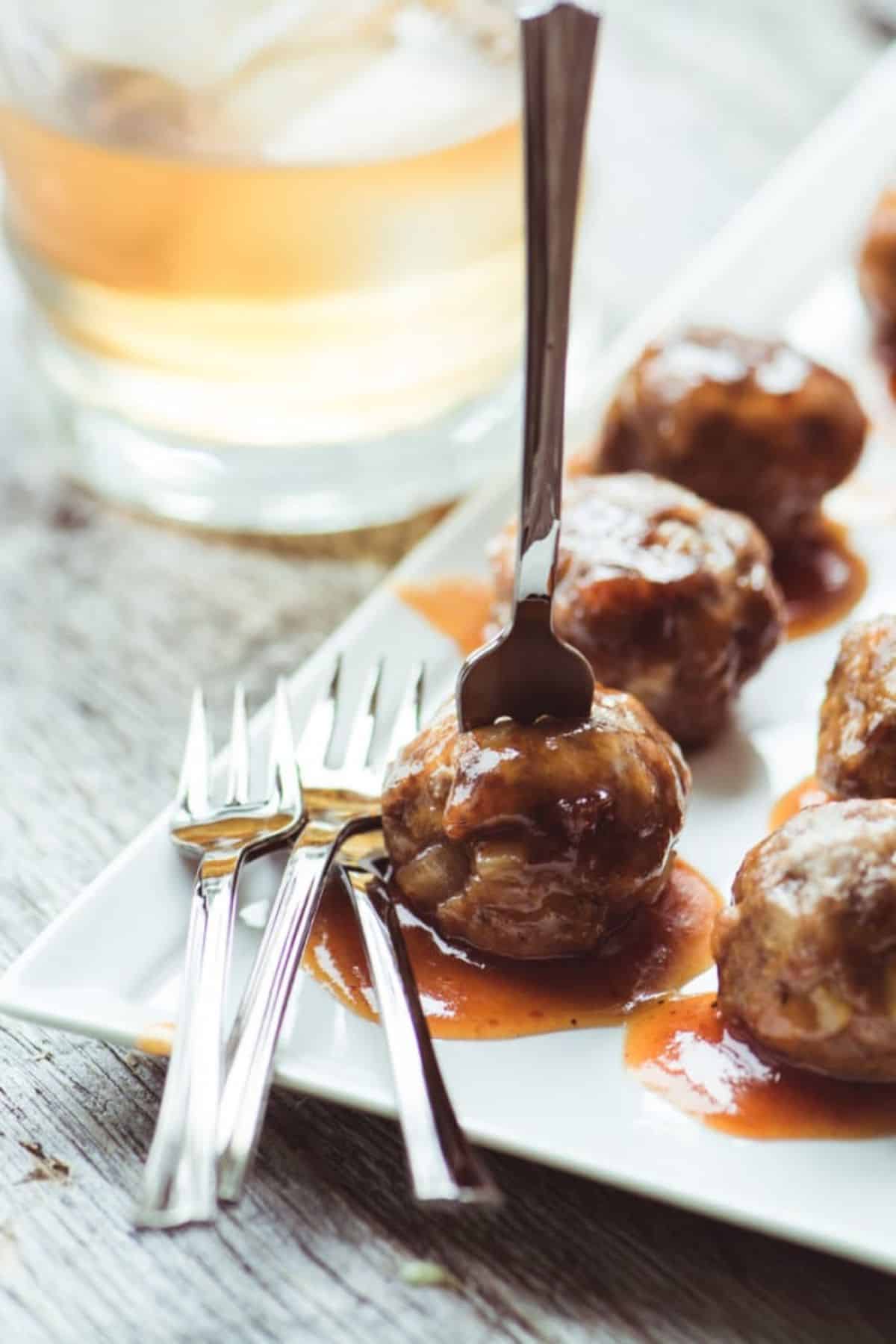 bourbon meatballs on a platter.