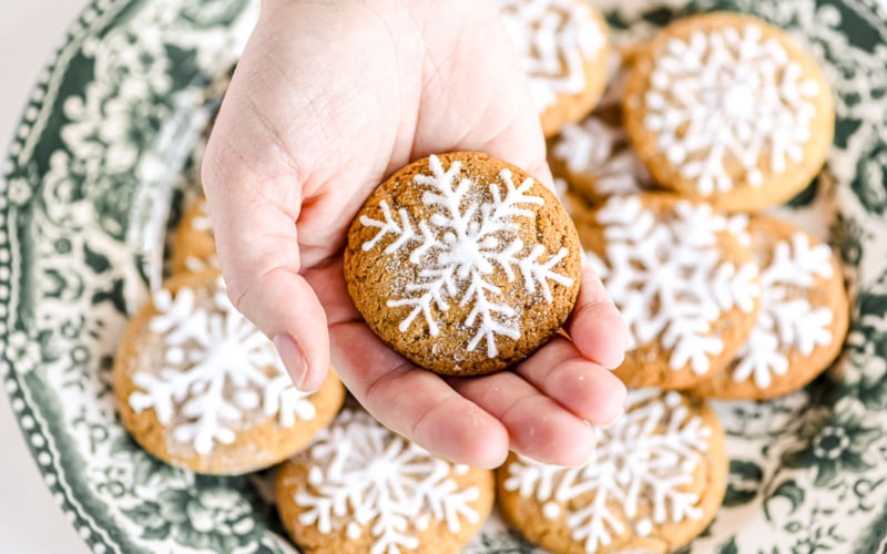 holding a single ginger cookie, decorated with a snowflake.