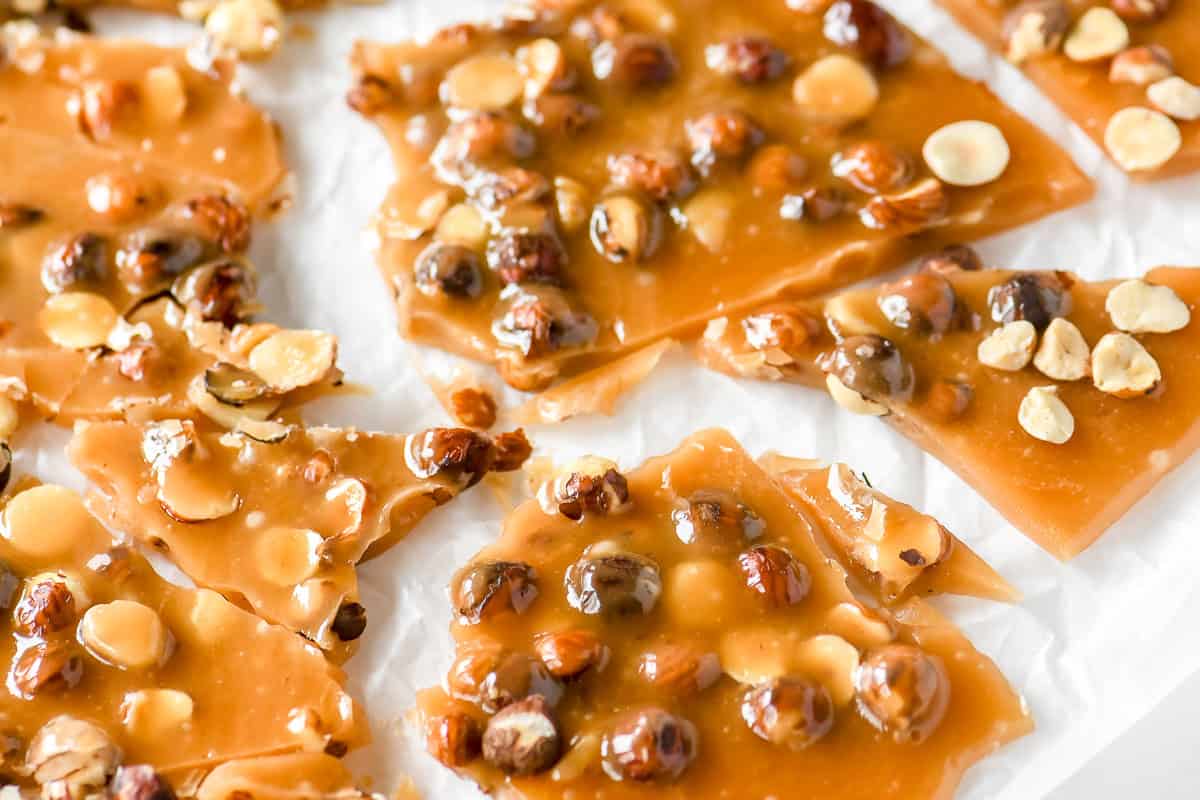 toasted hazelnut toffee, shattered into pieces.