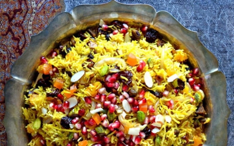 Persian jeweled rice on a silver tray.