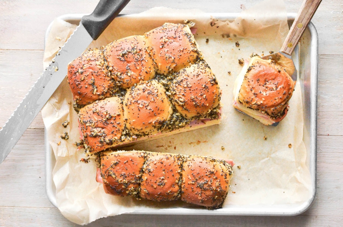 Ham and cheese sliders out of the oven.
