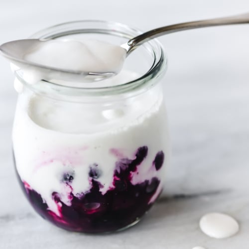 Homemade coconut yogurt with fruit preserves.