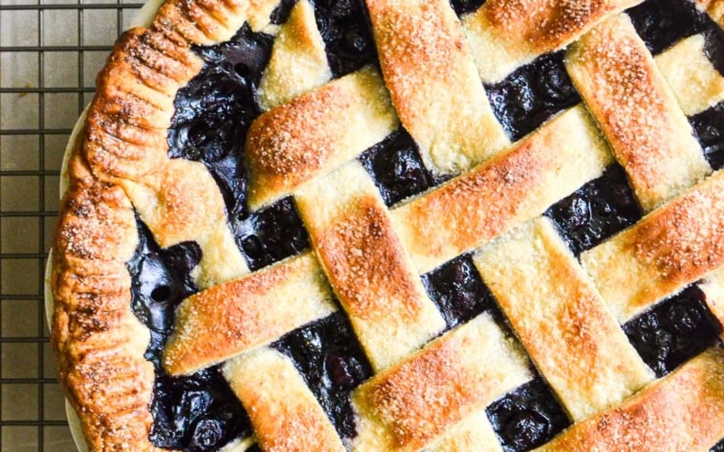Blueberry pie with lattice crust.