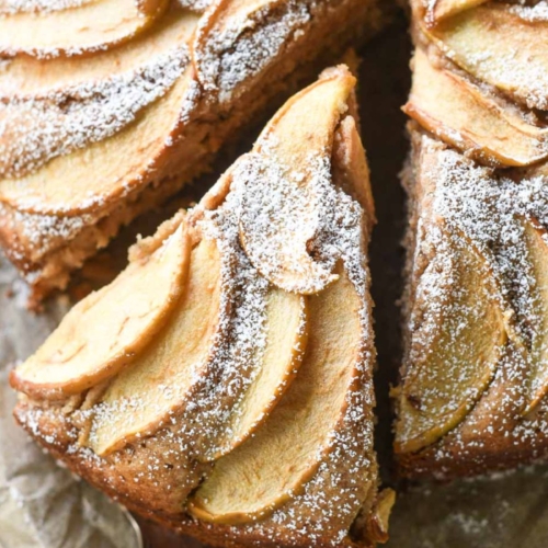 APPLE CINNAMON COFFEE CAKE BEING SLICED.