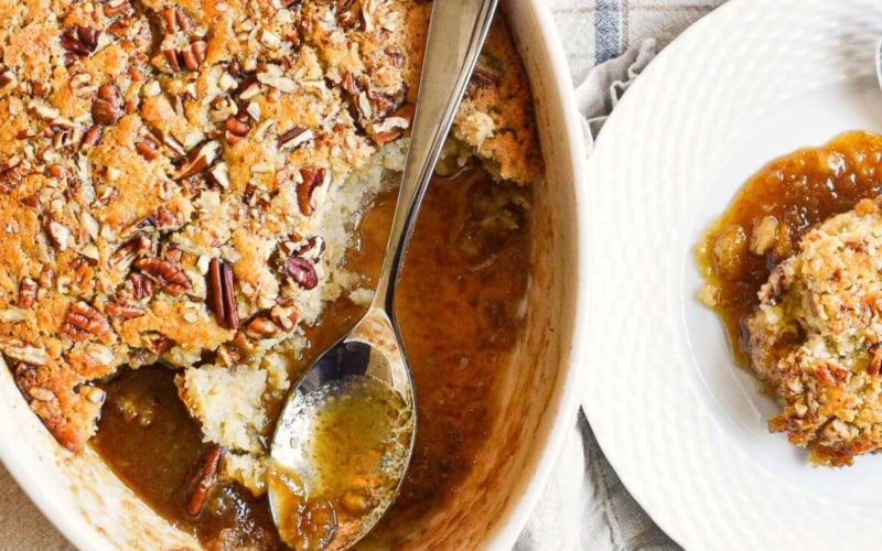 Warm Banana Pudding Cake (pudding chomeur) in a Staub casserole.