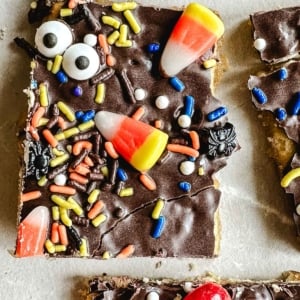Halloween cracker candy topped with candy eyeballs.