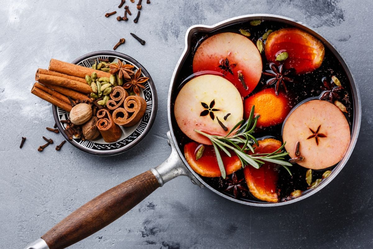 mulled wine in a saucepan.