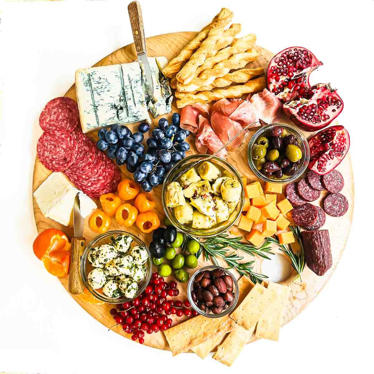 Antipasto platter with marinated artichokes.