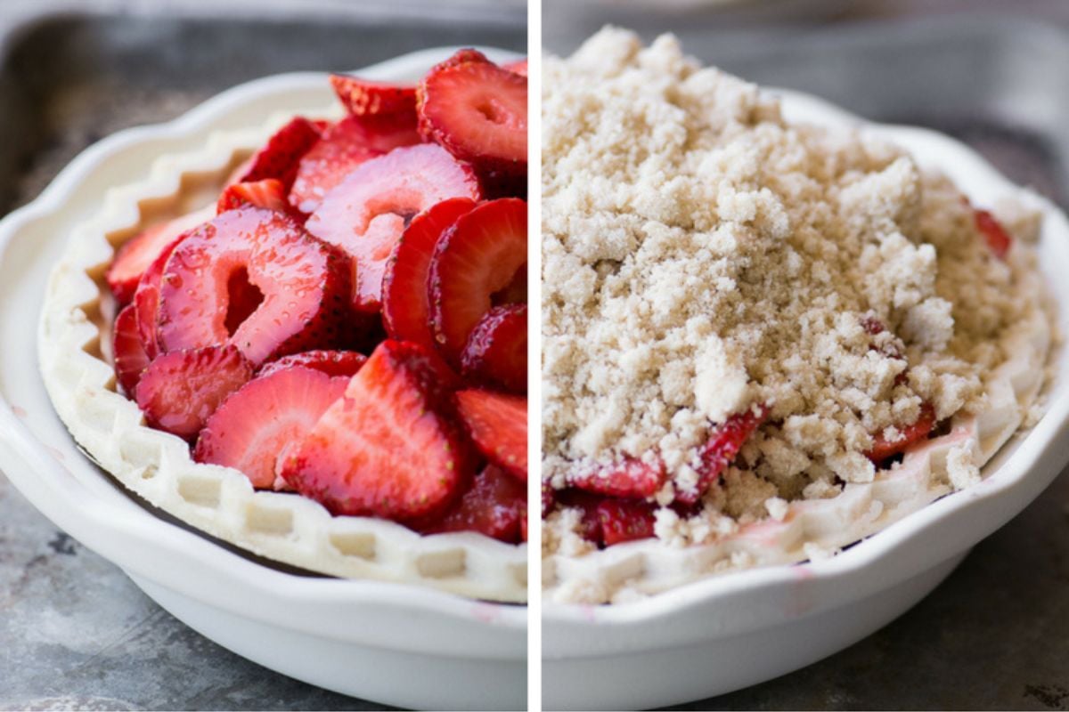 strawberry pie with and without crumble topping.