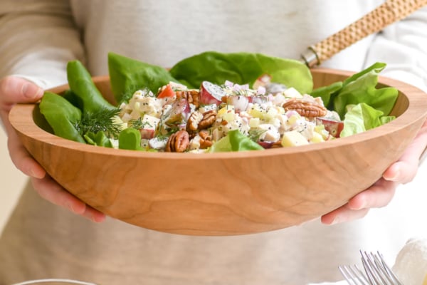 Sonoma chicken salad in a wooden bowl.