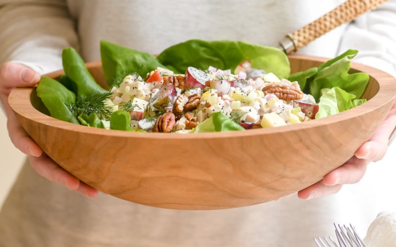 Sonoma chicken salad in a wooden bowl.