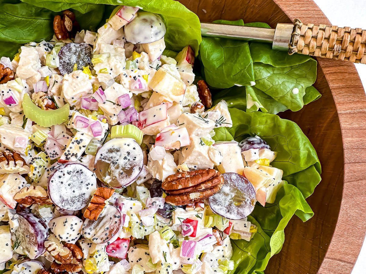 Closeup look at the colors and textures of Sonoma chicken salad.