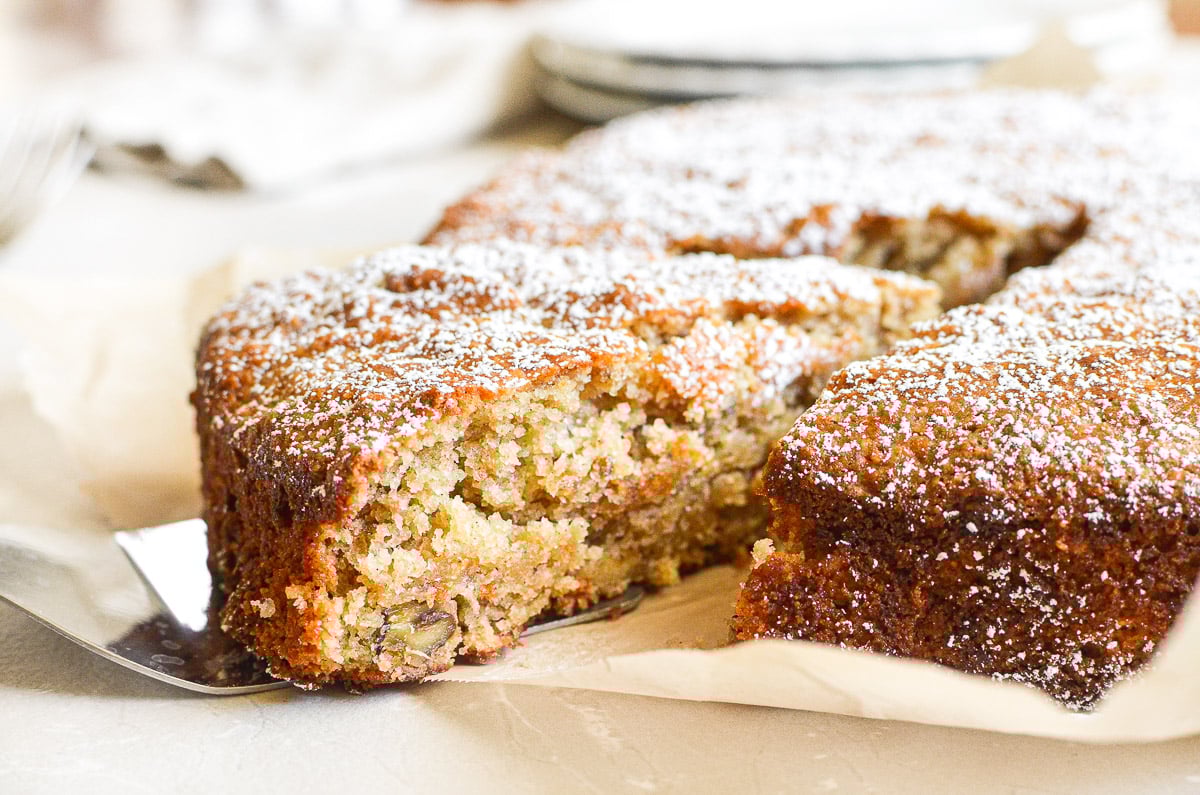 A slice of gluten free banana cake.