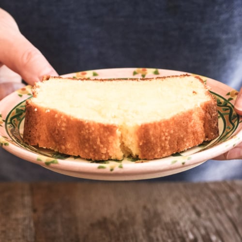 perfect pound cake slice, on a plate.