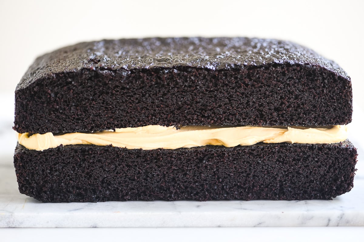 chocolate peanut butter cake layered with peanut butter cream frosting