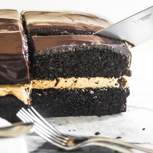 slicing chocolate peanut butter cake.
