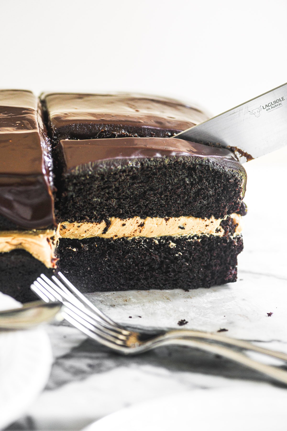slicing chocolate peanut butter cake.