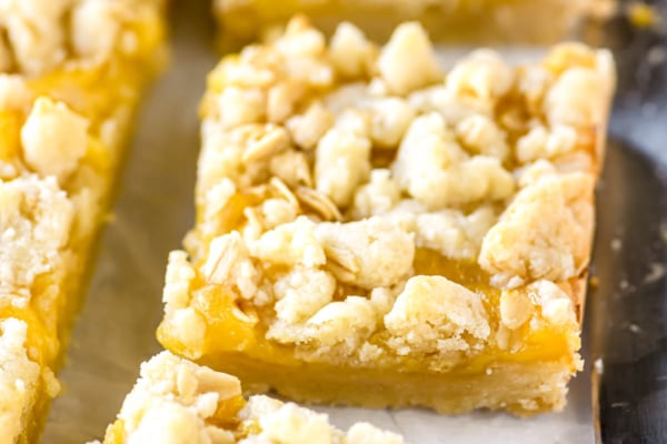 lemon crumble bars, sliced.
