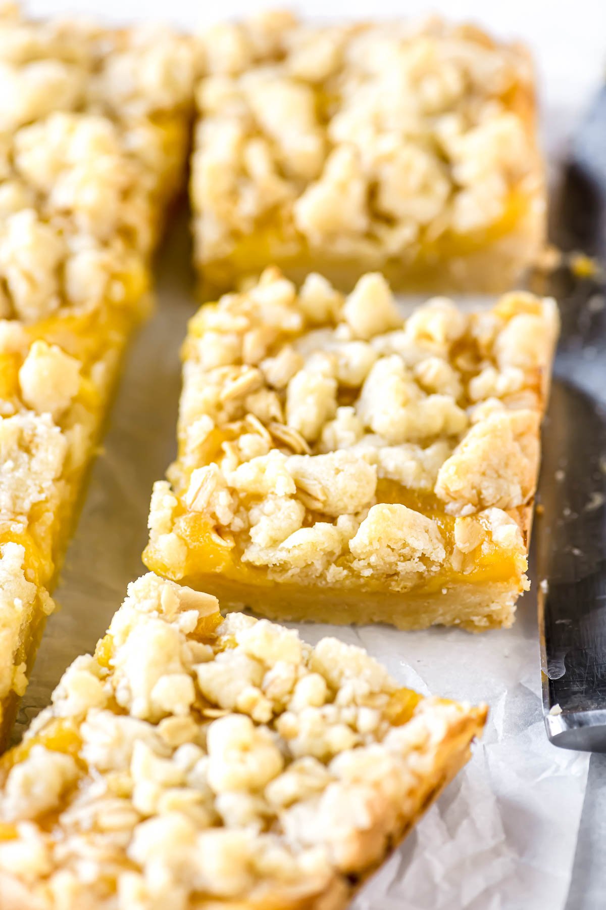 lemon crumble bars, sliced.