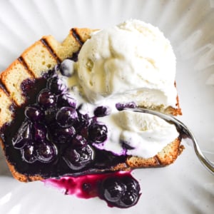 grilled pound cake with blueberry sauce.