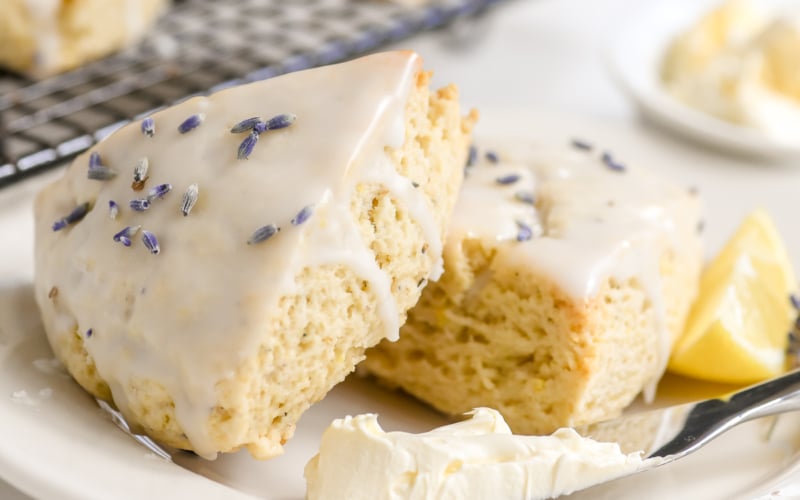 Lemon Lavender Scones on a plate with clotted cream.