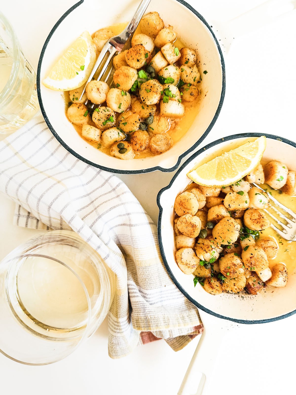 quick sautéed bay scallops in individual skillets.