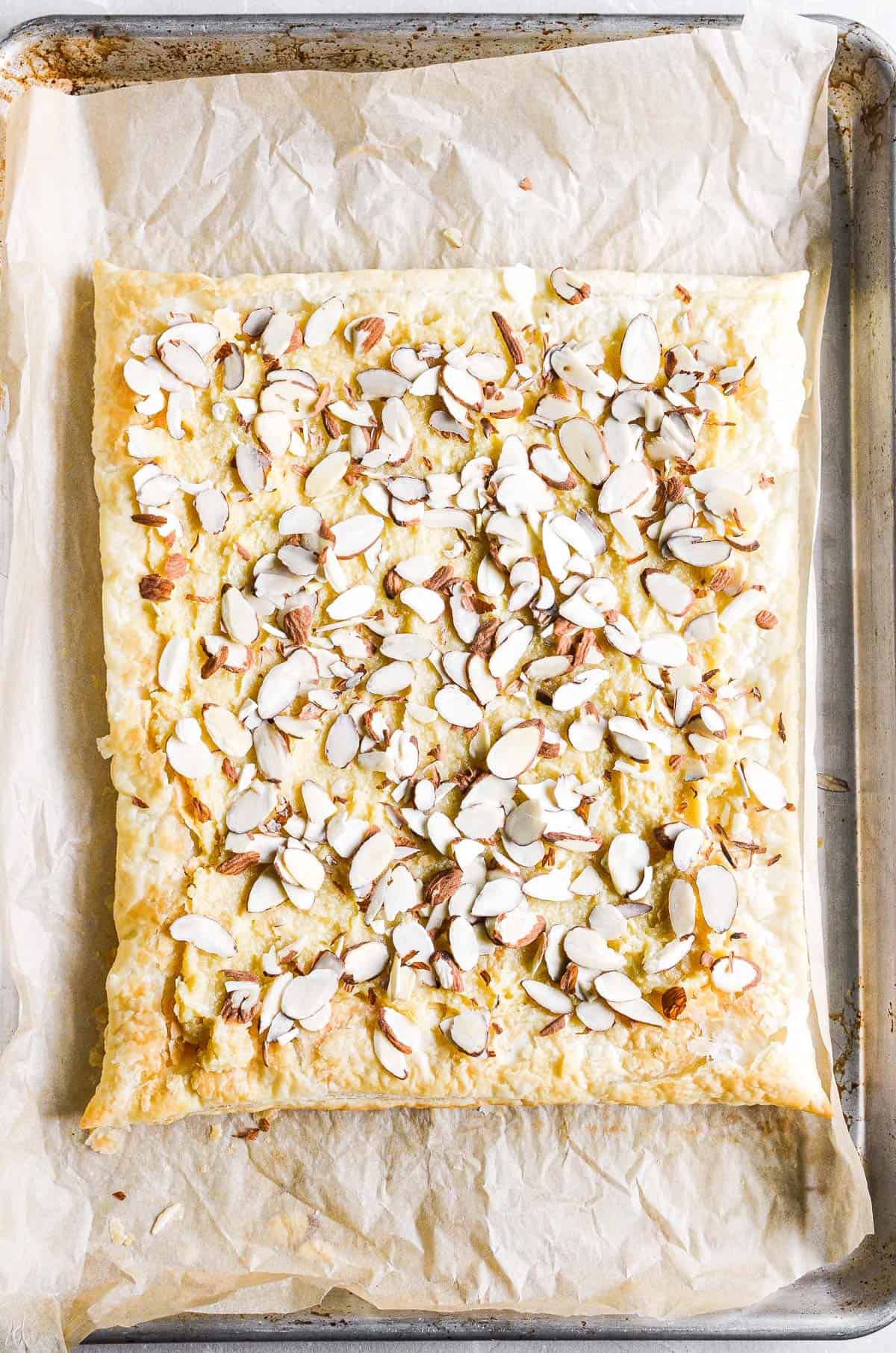 Sheet pan almond croissant before the filling is baked.