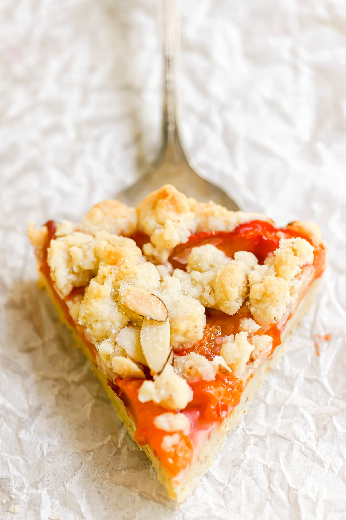 a slice of apricot almond tart on a pie server.