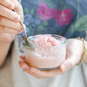 Strawberry buttermilk ice cream in a small glass.
