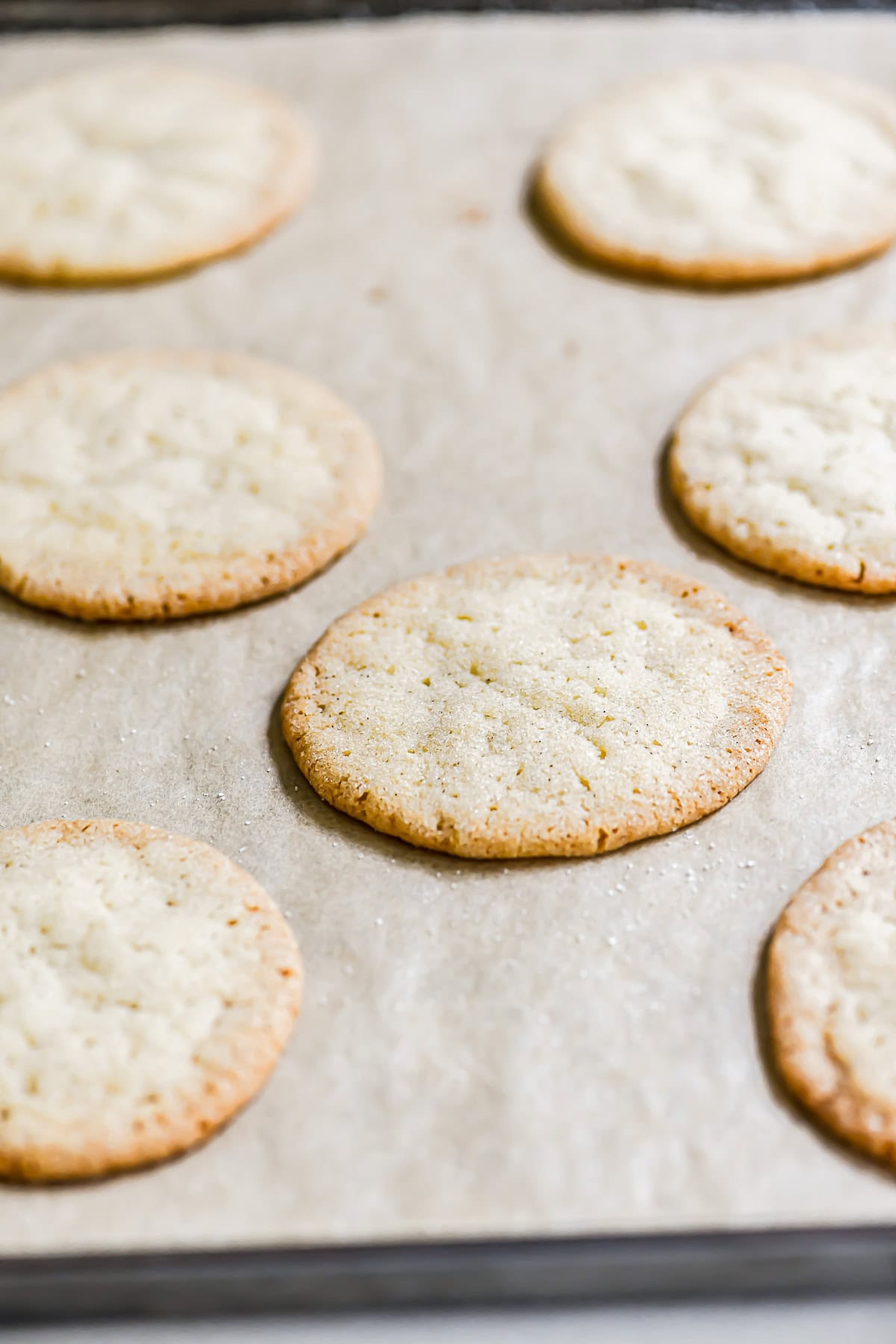 thin and crispy sugar cookies on a cookie sheet.