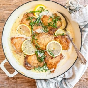 creamy lemon basil chicken in a braising pan.