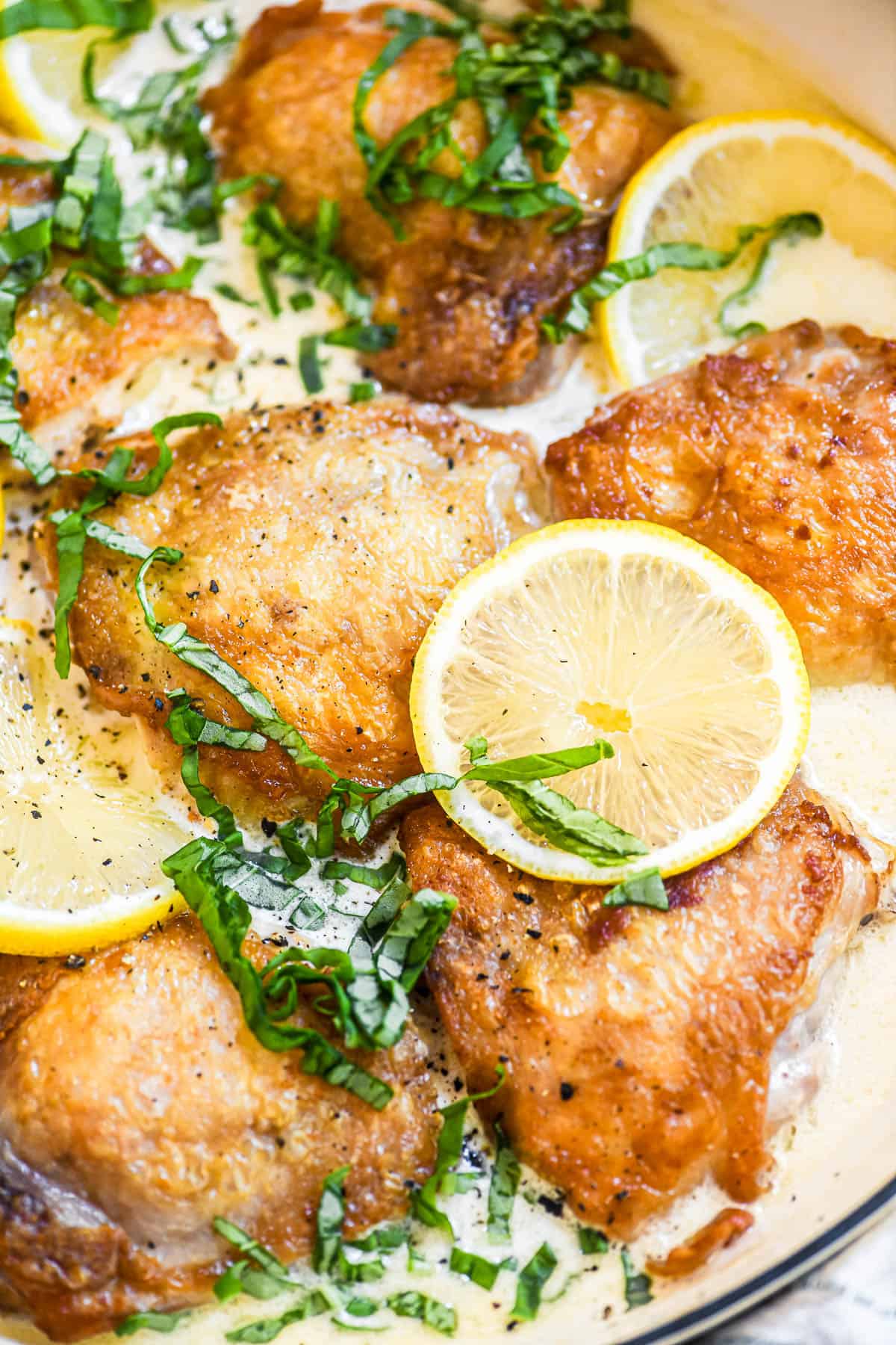 creamy lemon basil chicken with shredded basil and fresh lemon slices.