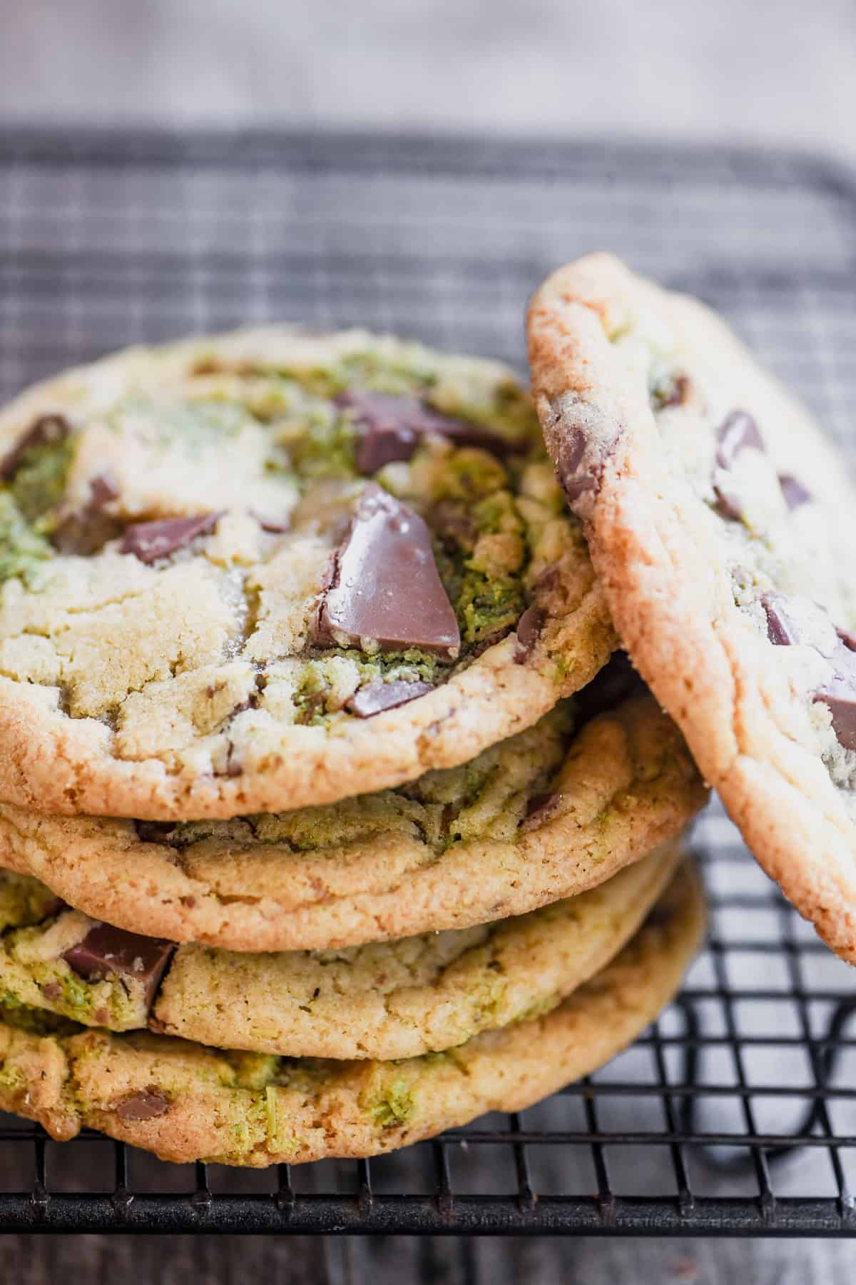 Dubai chocolate chip cookies on a rack.